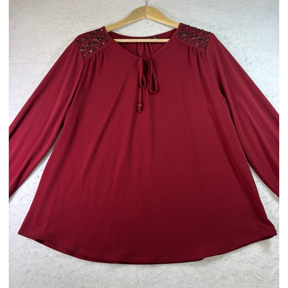 Susan Graver Red Beaded Tie Key Hole Top Blouse XL Long Sleeve Maroon Fluid Knit